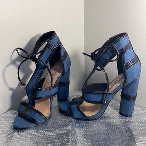 New denim with black trim high heel sandals